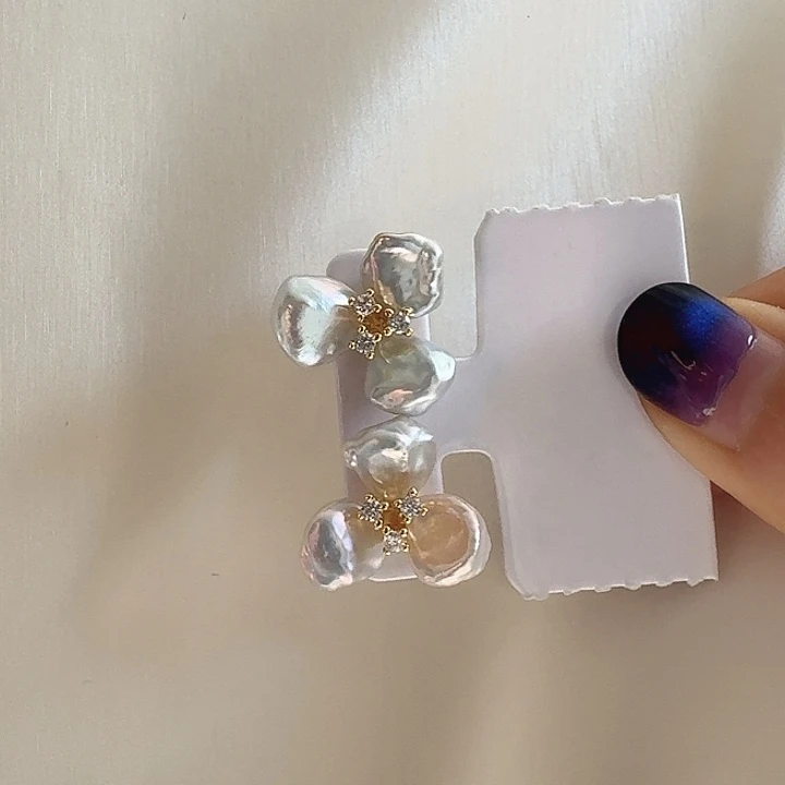 淡水珍珠银S925镶嵌耳饰3片花瓣耳饰