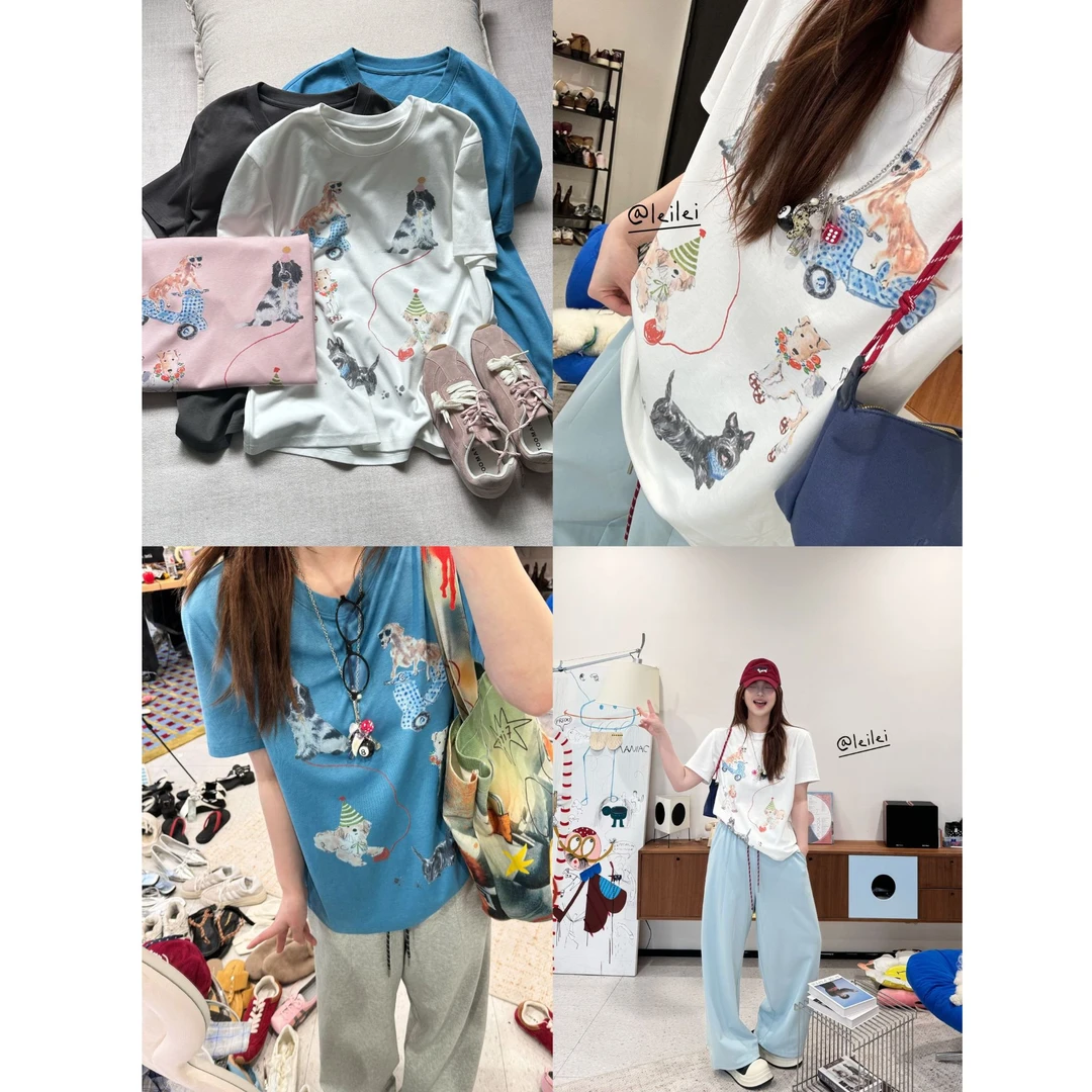 晶咕【狗狗派对】胸前小狗图案宽松短袖T恤上衣卡通百搭