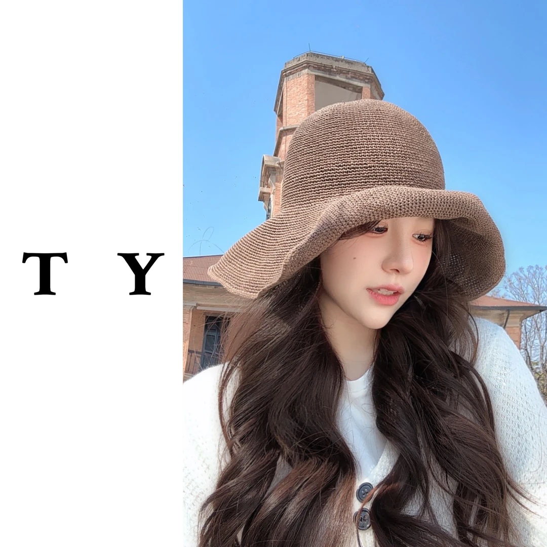 夏细勾针渔夫帽夏季出游防晒时尚百搭气质款纯手工遮阳草编渔夫帽
