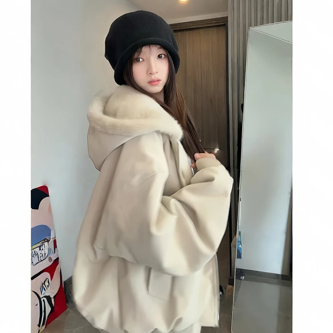 荔枝纹pu皮座山雕连帽棉服男女款冬季高级感皮毛一体毛领棉衣外套