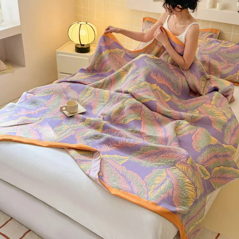 【紫色鸢尾花】多功能亲肤精梳纯棉纱布盖毯150*200轻奢双面薄款