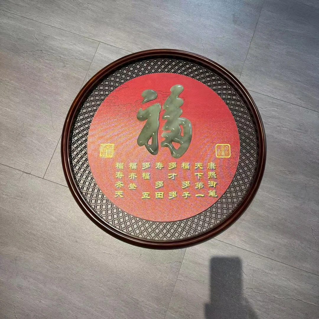 (Y)80*80尺寸五福临门(2216）圆木框圆形玉雕画天然玉石滑石玉雕画