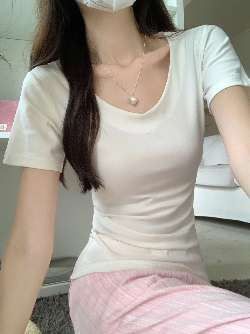 新款V领正肩短袖t恤女夏季收腰显瘦外穿内搭打底衫修身百搭上衣