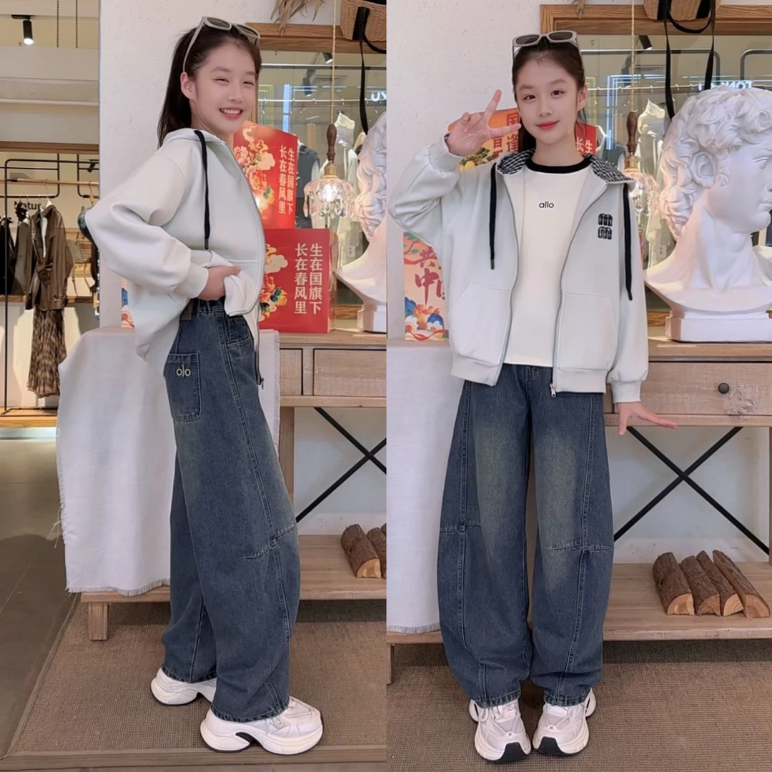 童装男女童牛仔弯月直筒裤普通外套宽松上衣韩版拉链衫外套中大童