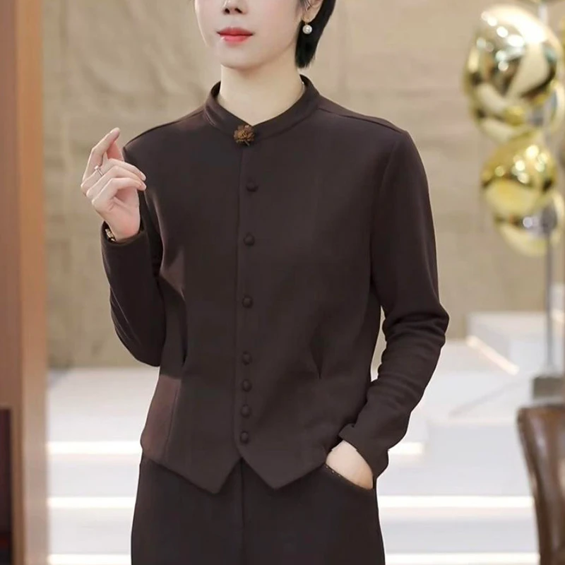 秋冬女新款长袖衬衫2025洋气减龄修身显瘦叠穿内搭立领打底上衣