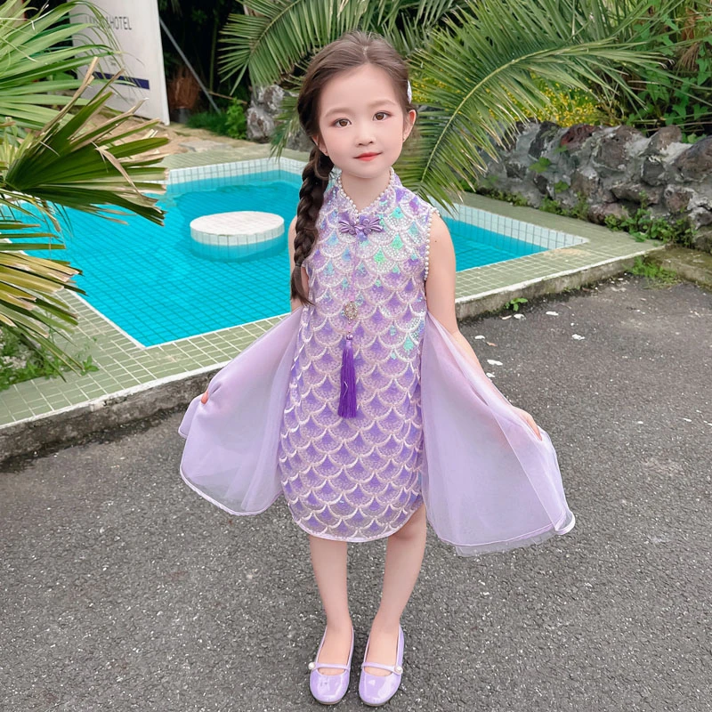 女童夏季旗袍连衣裙2025新款儿童紫色裙子洋气女宝宝美人鱼公主裙