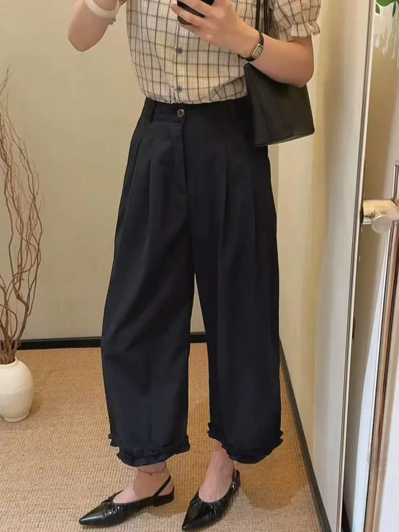 ［春春定制］新款韩版百搭修身时尚花边拼接九分直筒阔腿休闲裤6565