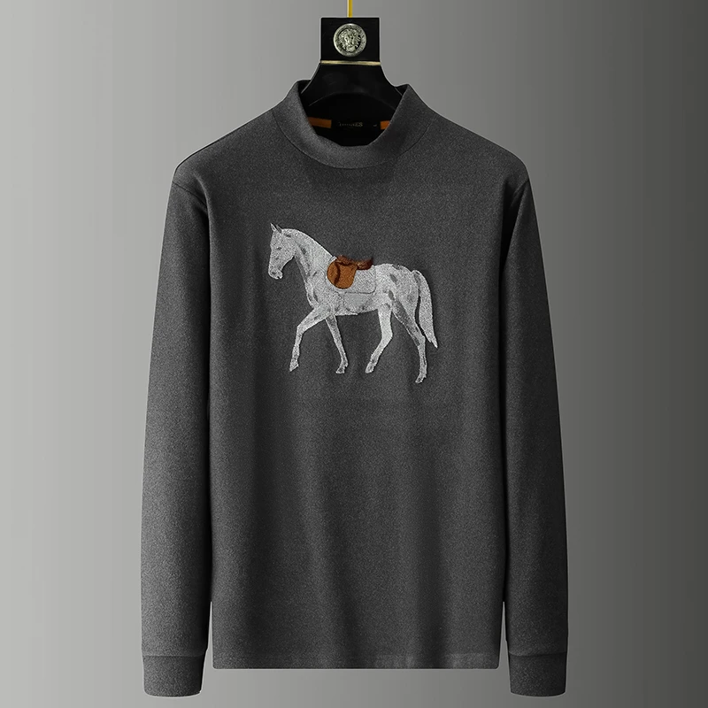 Tispair秋冬轻奢战马刺绣半高领打底衫厚款磨毛保暖内搭立领t恤男