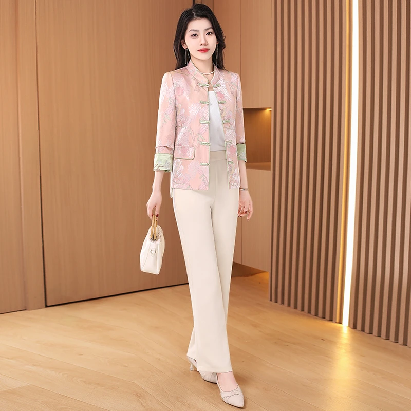 拉夏贝尔粉色国风时尚套装春装2025新款刺绣唐装新中式气质两件套