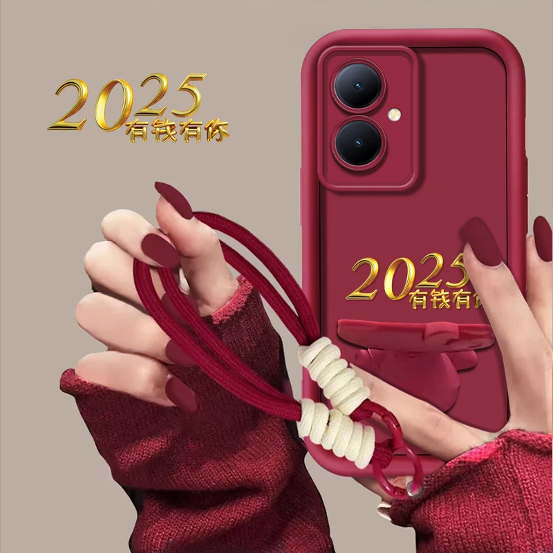 适用于【vivoy78+】2025有钱有你新年猫咪支架手机壳创意防摔全包女
