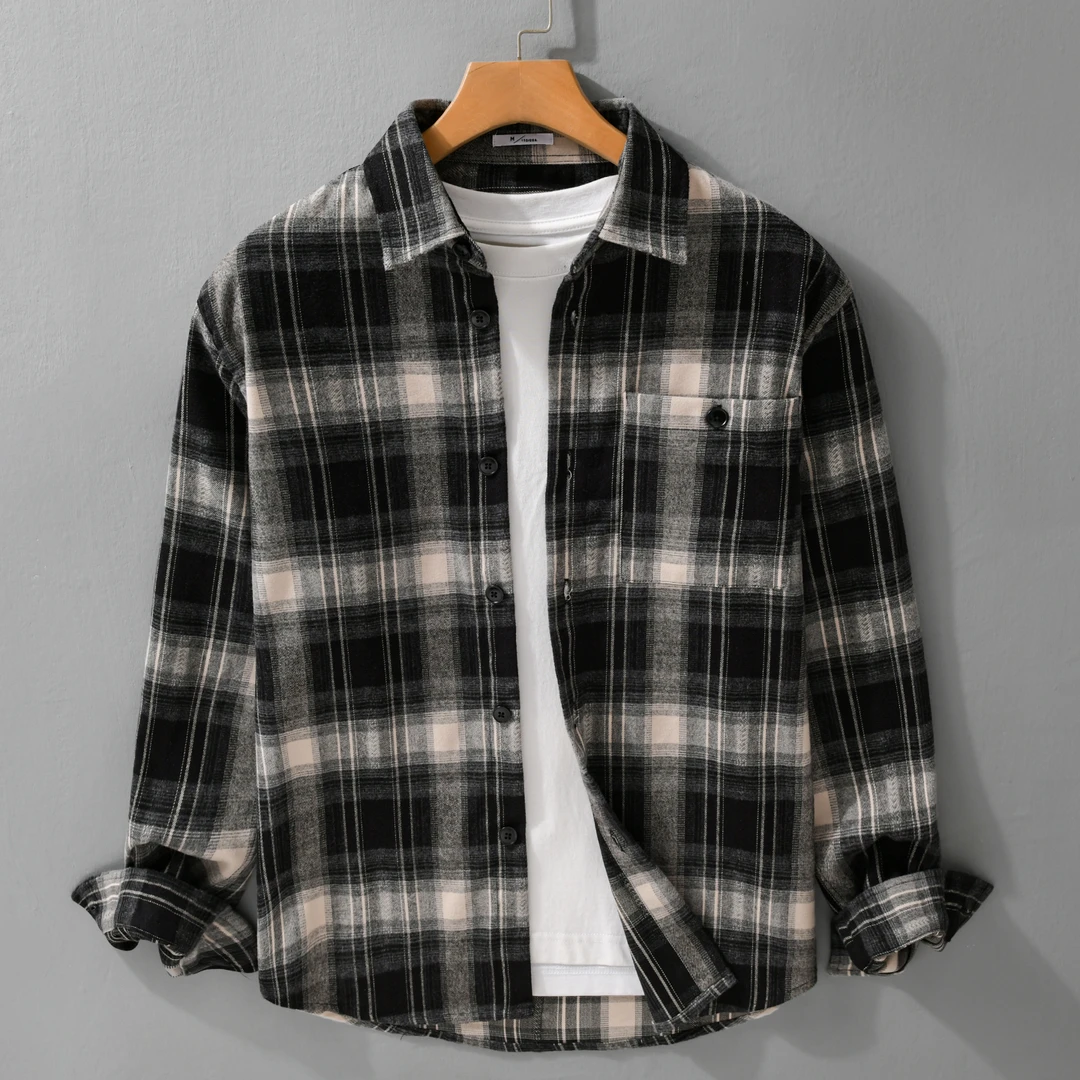 潮牌复古美式格纹长袖衬衫男士春秋新款宽松日常休闲衬衣男外套潮