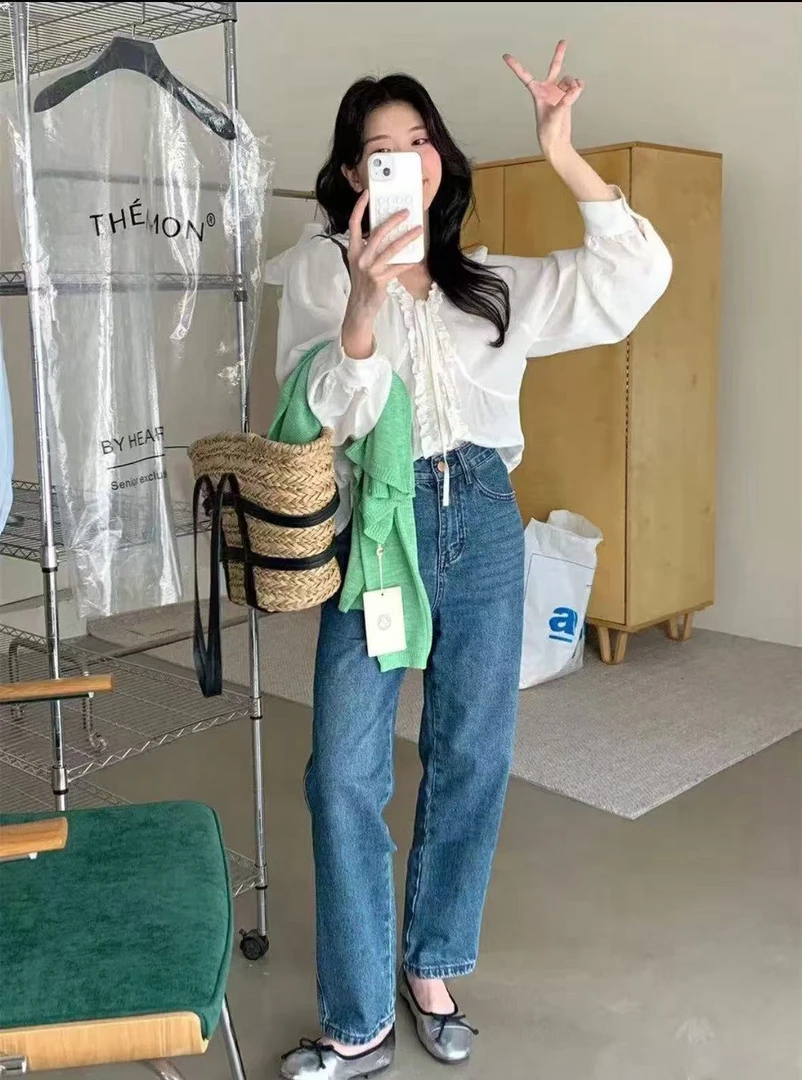 2025年早春新款韩版蓝色水洗棉高腰直筒牛仔裤设计感小众休闲