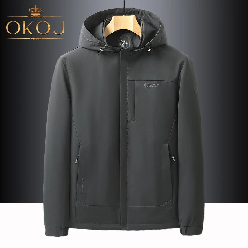 OKOJ连帽夹克男外套防风保暖风衣秋季新款大码时尚休闲运动茄克衣