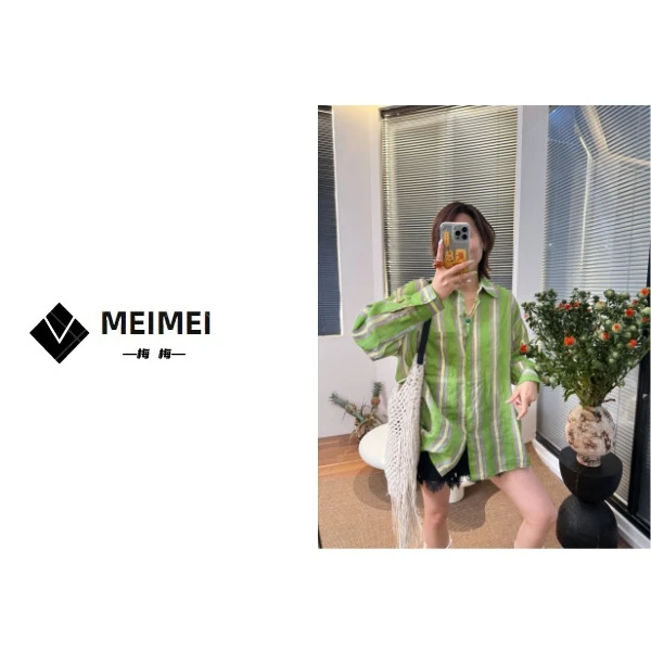XMM【100苎麻绿条纹衬衣】时尚百搭宽松洋气潮流显瘦夏季休闲GZ7762