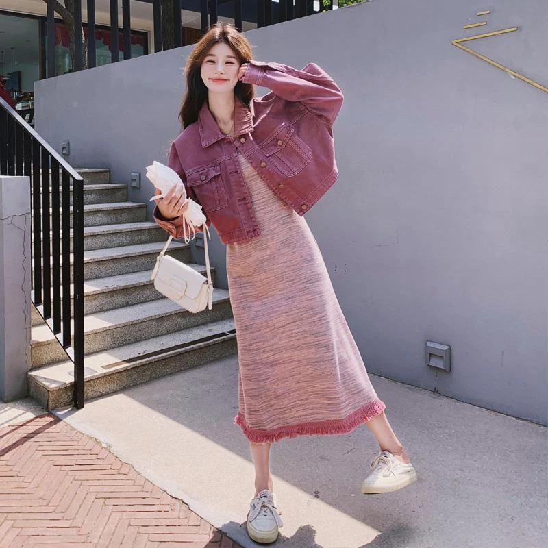 牛仔外套连衣裙女春秋韩系氛围感独特绝美减龄穿搭吊带裙两件套装