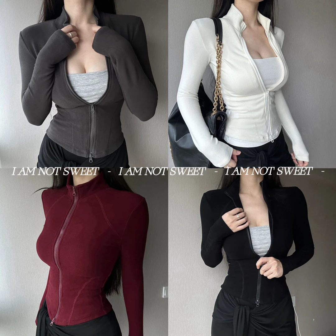 【花花不甜】秋冬美式辣妹修身显瘦澳绒双拉链弹力开衫健身外套