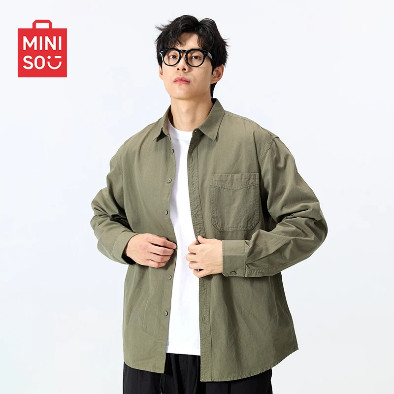 MINISO名创优品青少年衬衫2025秋季美式cleanfit长袖外套纯棉衬衣