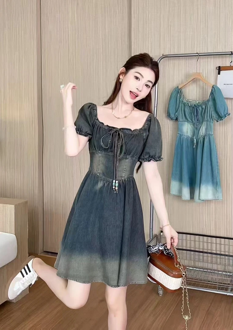 新款夏季牛仔连衣裙渐变设计感美式复古短裙