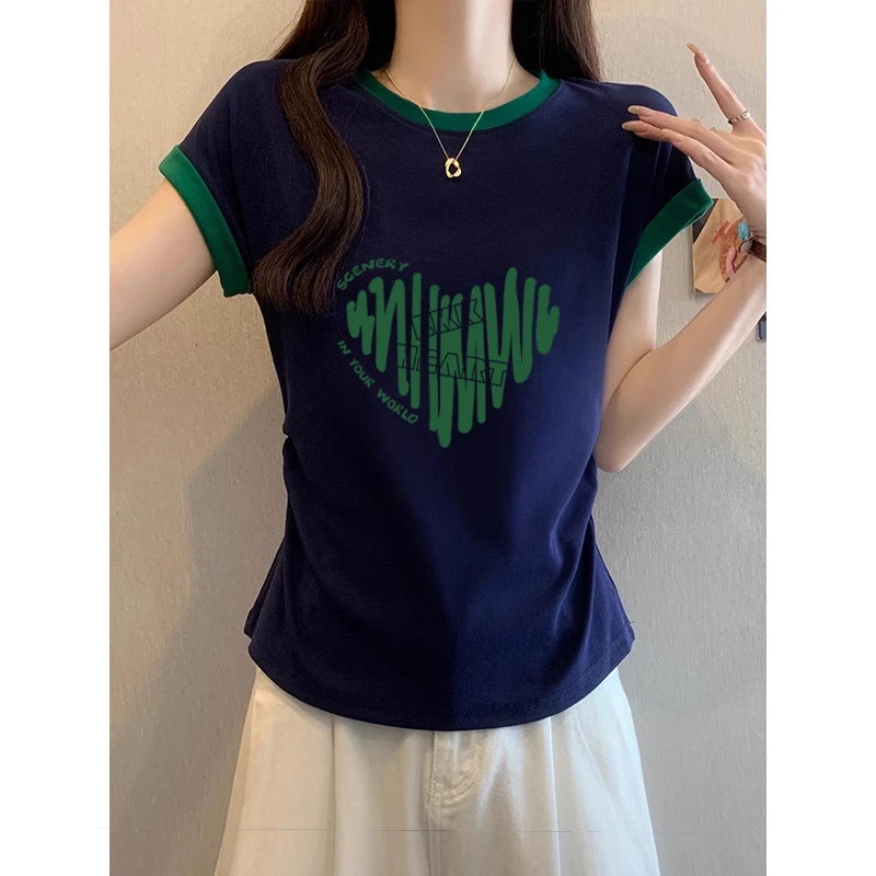 拼色飞飞袖正肩短袖t恤女2025新款显瘦遮肉褶皱修身小众上衣夏季