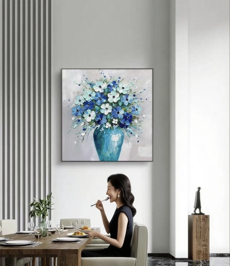 1【幽蓝雅韵】餐厅装饰画手绘油画适合现代极简风客厅挂画玄关画