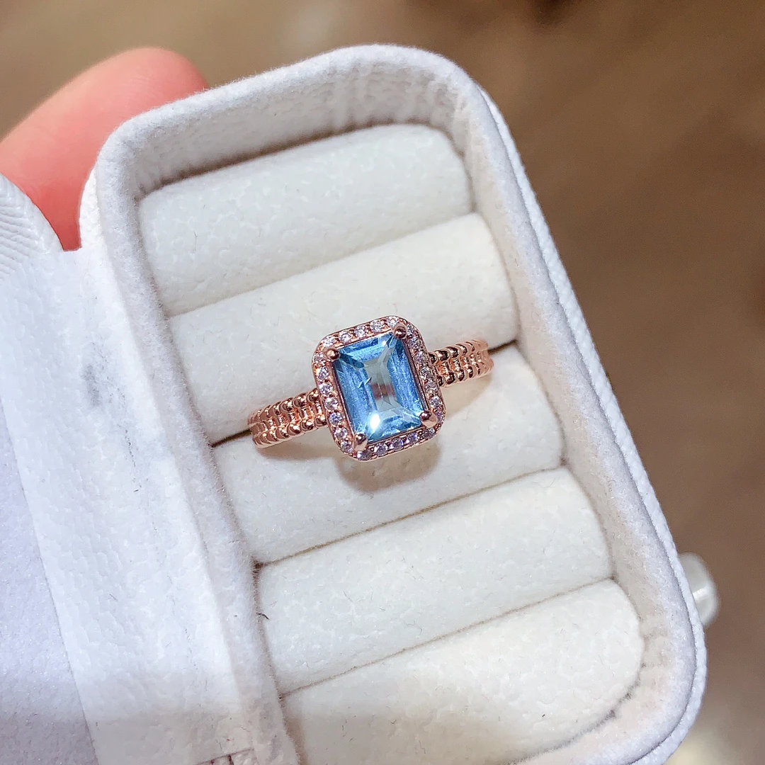 新款纯天然瑞士蓝托帕石戒指女款珠宝首饰s925银主石5*7mm百搭