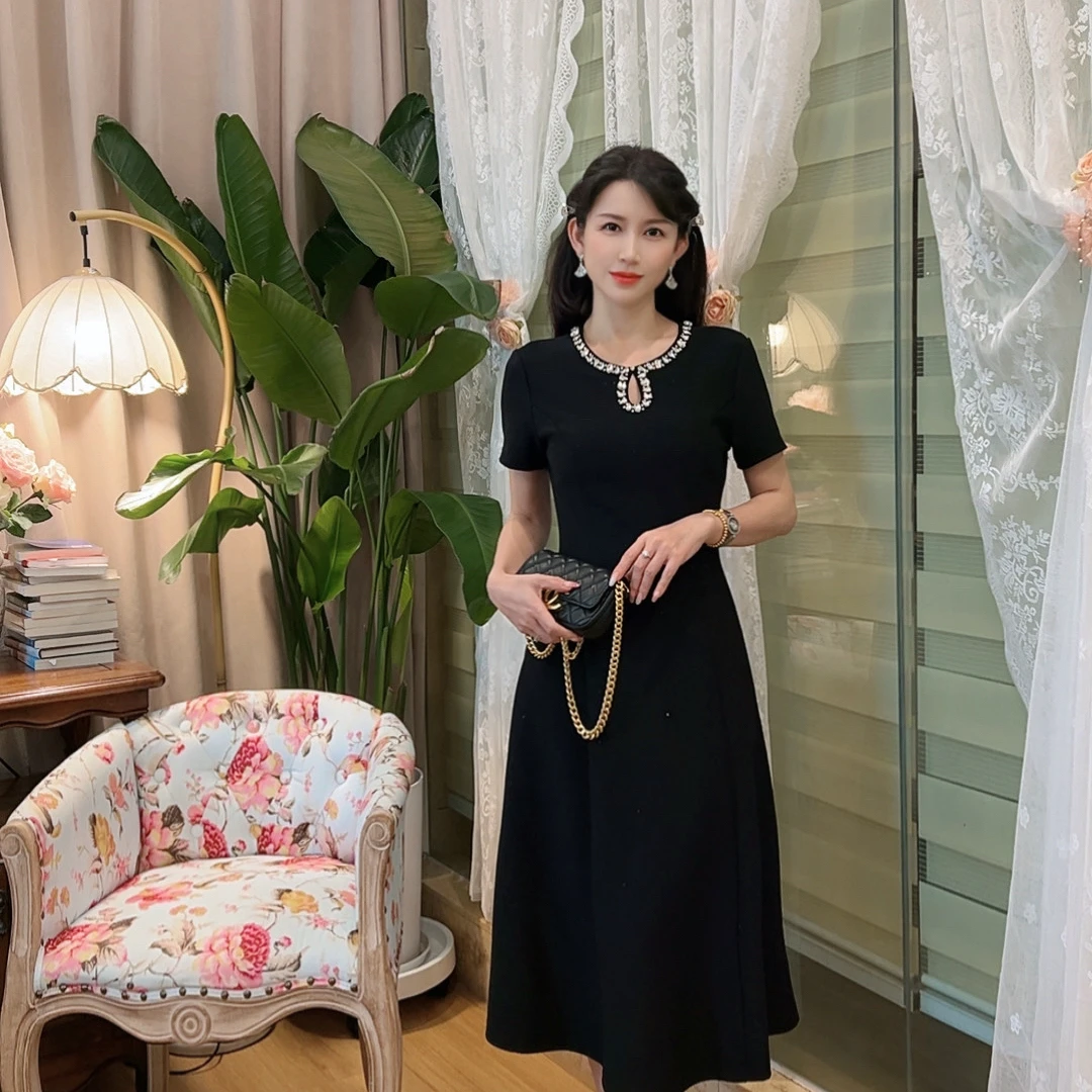 【星澜蝶影】25187 安妮老板 钉珠显瘦有弹力长款有口袋短袖连衣裙