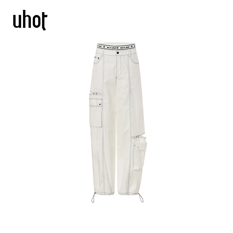 UHOT 白色立体印花双腰头设计侧镂空工装长裤经典时尚女UWWR2K226