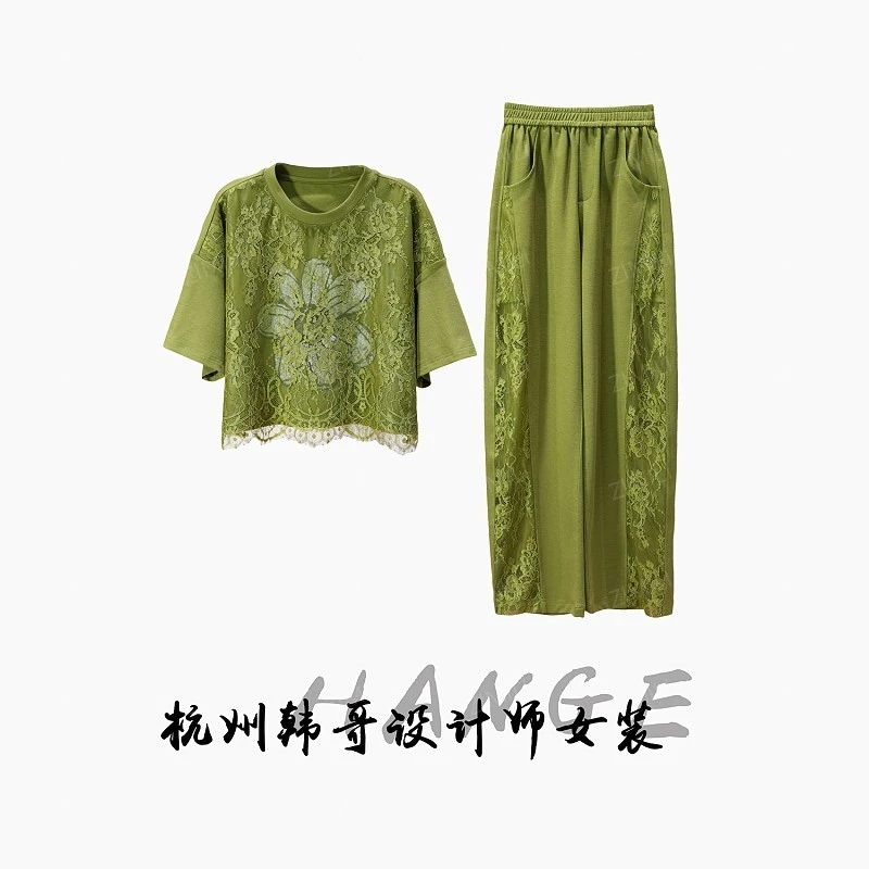 【韩哥女装】设计师高定小众橄榄绿重工刺绣拼接勾花蕾丝套装7316