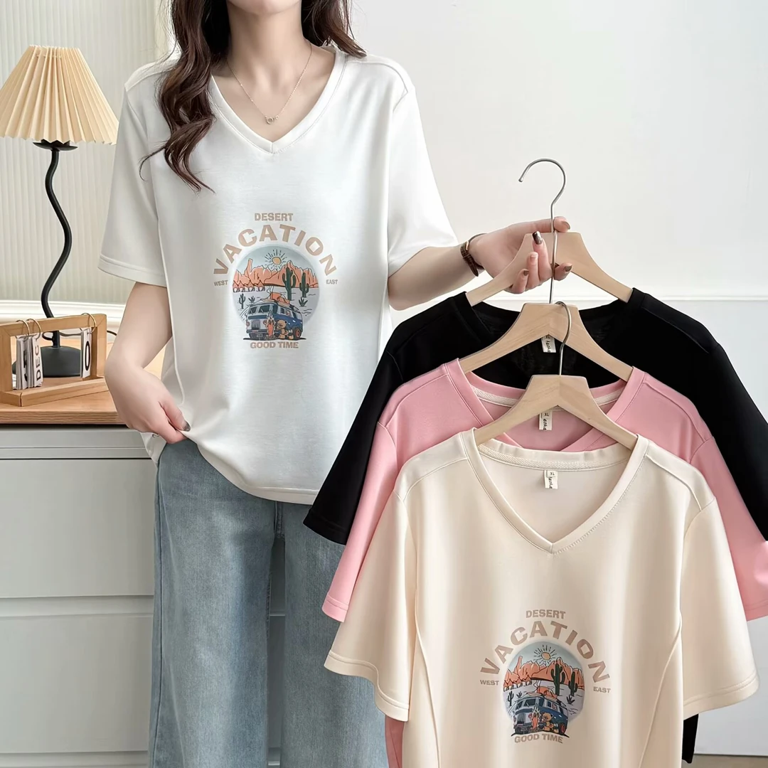 梦冬佳--120-200斤大码女装洋气显瘦V领印花空气棉舒适短袖T恤衫
