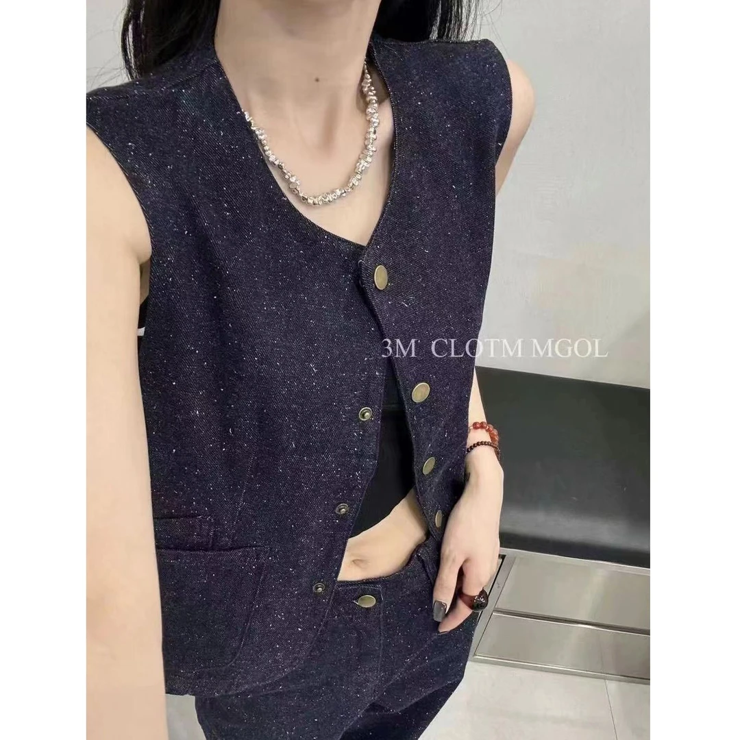 KIKI严选：7042-JG家欧洲站南油秋季新款小众细闪圆领牛仔马甲