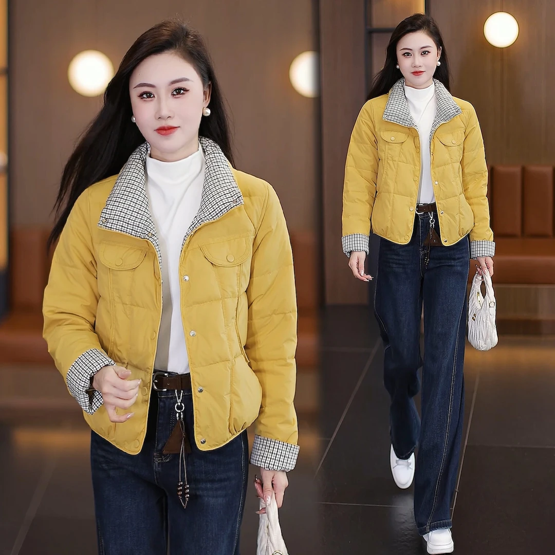 时尚洋气立领格子拼接棉服女短款拼色加厚保暖宽松面包服棉衣外套