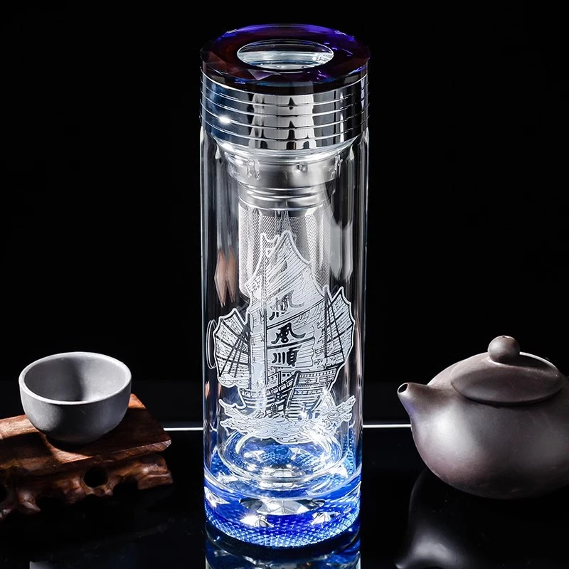 高档商务玻璃杯男女水晶茶杯双层加厚隔热水杯礼盒定制刻字送礼品