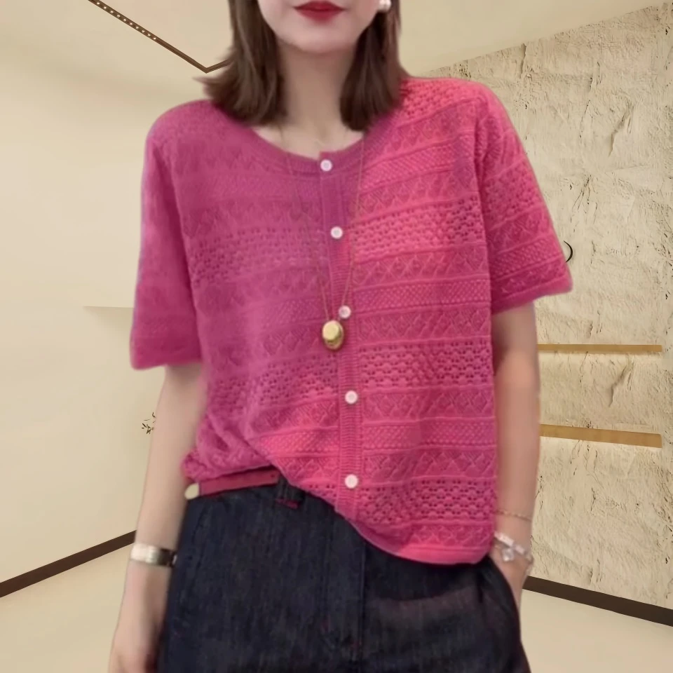 夏季新款休闲时尚百搭宽松气质纯色针织衫纽扣镂空薄款圆领上衣