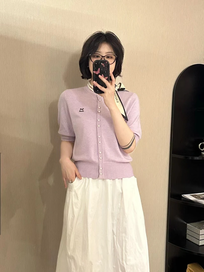 2025春夏新款女款气质百搭针织衫休闲宽松通勤韩版针织短袖上衣