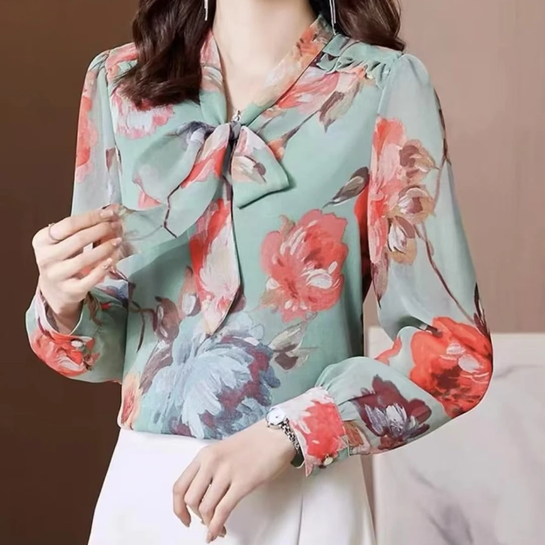 印染衬衣显瘦洋气法式花色女衬衫遮肚印花宽松不起球长袖时尚