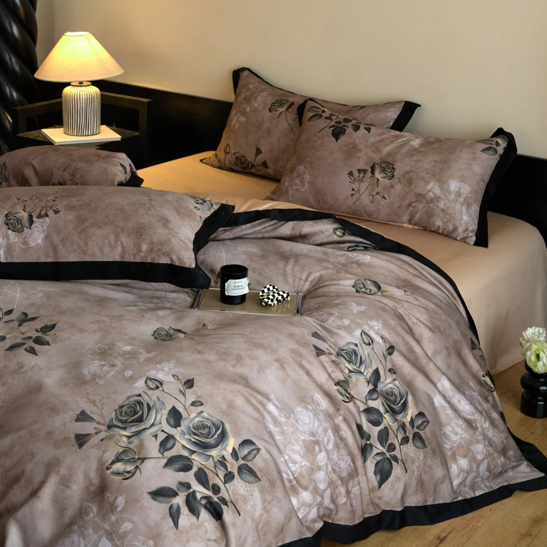 水星高端系列家纺赫本风轻奢支长绒棉四件套全棉纯棉数码印花被套