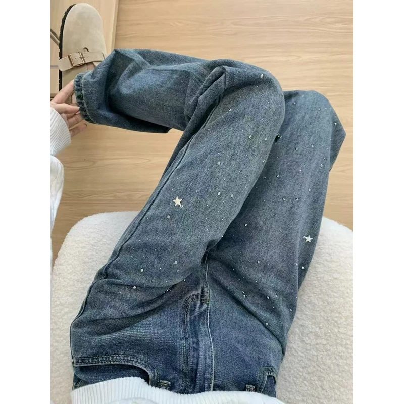 2450 设计感高腰长裤显瘦直筒牛仔裤女2025年新款窄版阔腿长裤