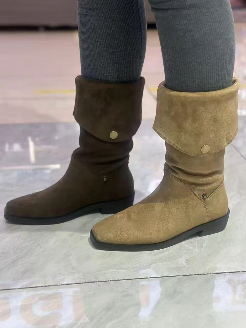 英伦方头时尚女士时装靴女鞋平底高筒靴中筒靴百搭