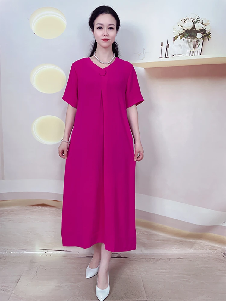 夏季一粒扣V领宽松短袖时尚纯色连衣裙妈妈装遮肉显瘦中长裙2570#
