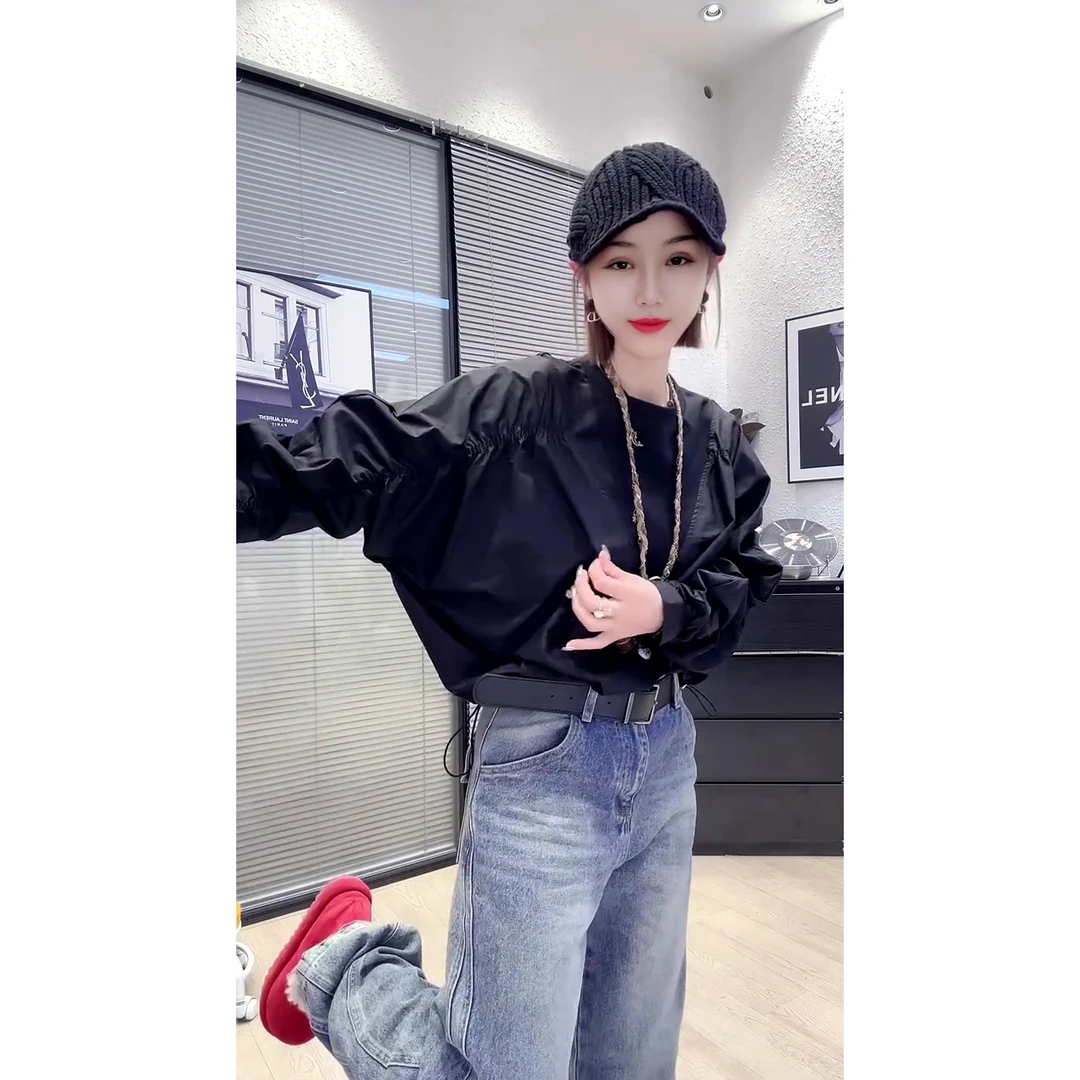 欧货极简风圆领拼接褶皱弯刀袖衬衫女宽松百搭设计长袖衬衣