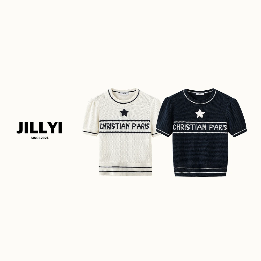 jillyi【暗夜之星】藏蓝色圆领小星星刺绣少女风休闲时尚百搭针织衫