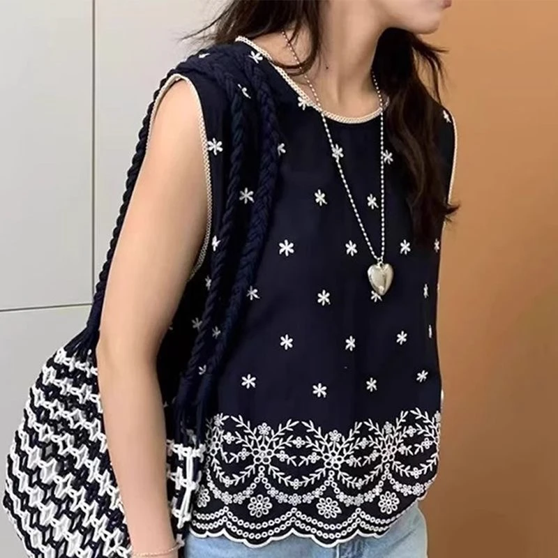 小众宽松刺绣无袖上衣洋气花边上衣百搭韩版设计感显瘦时尚小衫