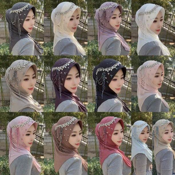 新款星淘沙海绵软帽沿方便套头款纱巾盖头(轻奢水钻流苏款)