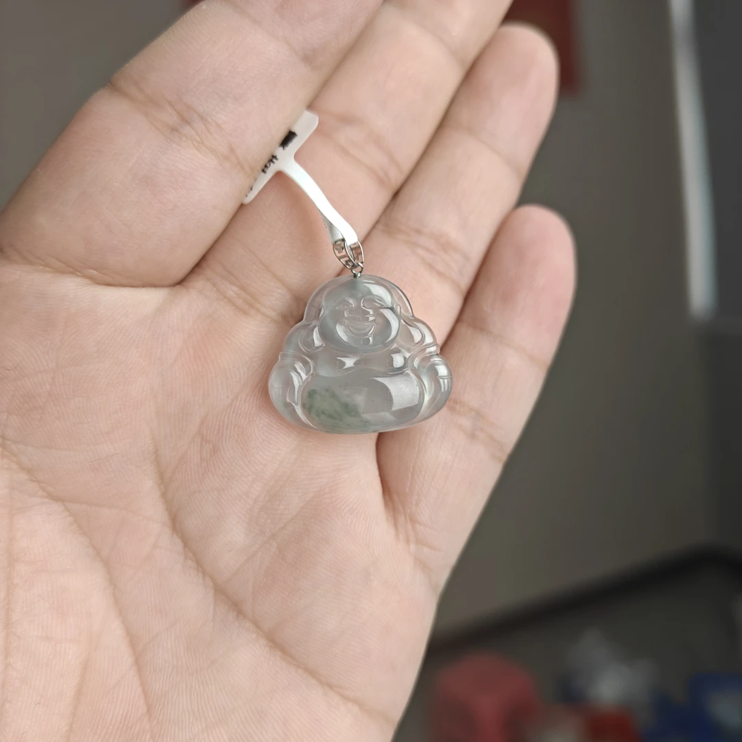 约20*24*3.4mm18K白金扣头镶嵌危地马拉冰蓝水翡翠佛公吊坠
