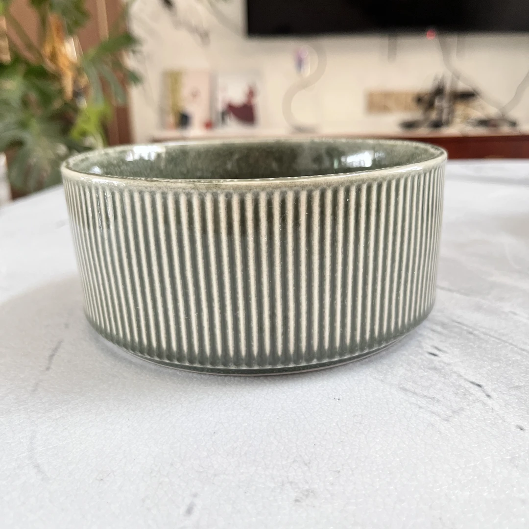 新款【2个】复古竖纹直身陶瓷碗家用面碗沙拉碗甜品碗5004微瑕