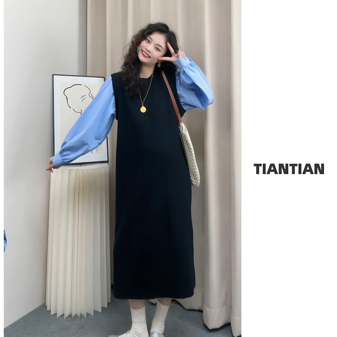 【恬恬】早春设计师假两件衬衫连衣裙宽松显瘦拼接孕妇连衣裙#5871