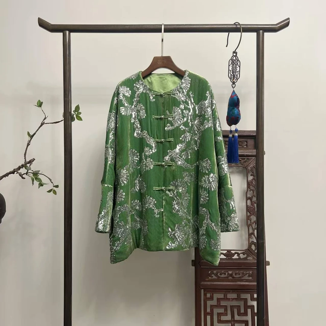 【冷清州】重工刺绣真丝丝绒阔版加棉加厚棉服宽松时尚外套W50243