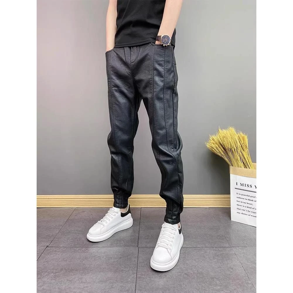 秋季新款男士潮牌痞帅皮裤黑色机车骑手防风保暖束脚休闲裤男长裤