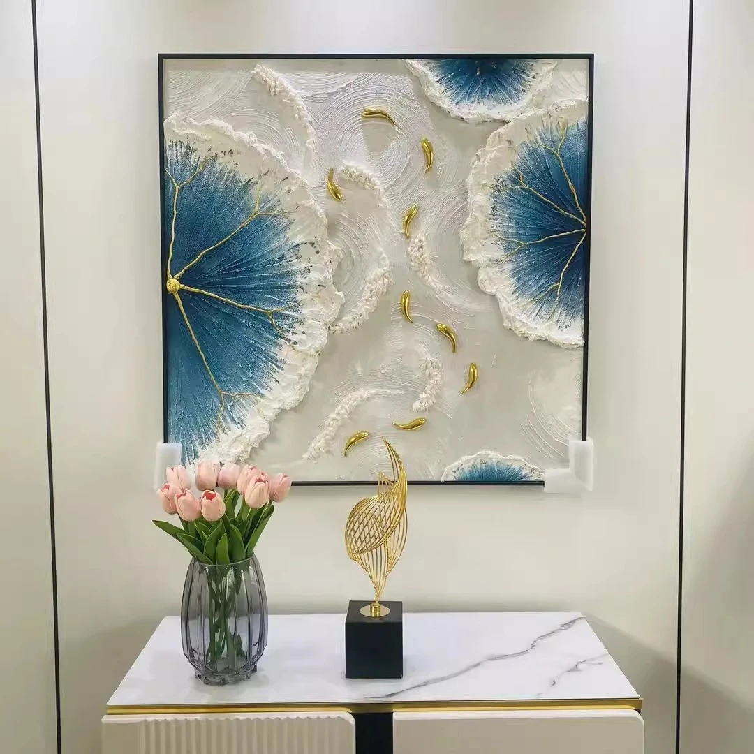 《荷花九鱼》新中式挂画餐厅卧室装饰画立体荷叶九鱼壁画