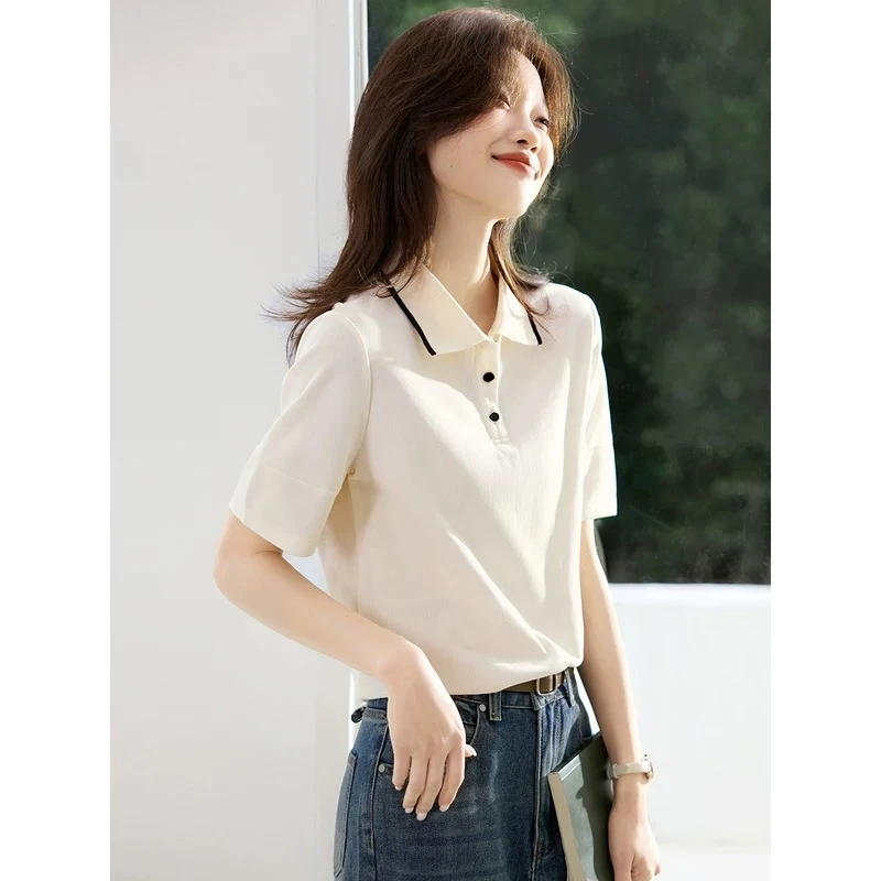 休闲撞色POLO短袖2025春季新款休闲显瘦学院风时尚女衬衫